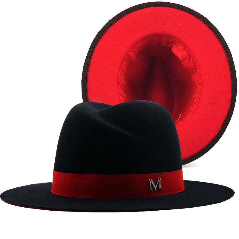 Fedora Hat Wool - Nowy zewnętrzny czarny wewnętrzna czerwona wełna