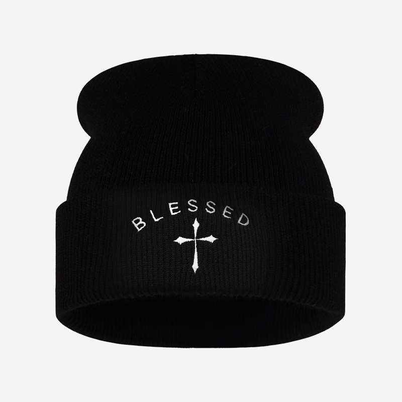 Beanie Cuffed Knit - Czapka z haftowanym krzyżem, zimowa czapka
