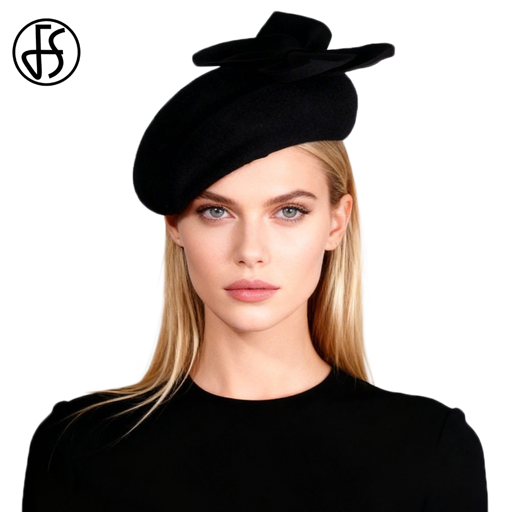 Beret French Wool - Czarno-białe wełniane francuskie berety z kokardą,