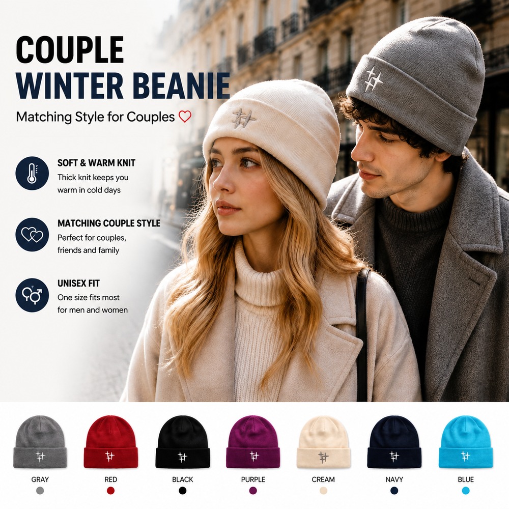 Beanie Cuffed Knit - Damska zimowa czapka beanie z haftem