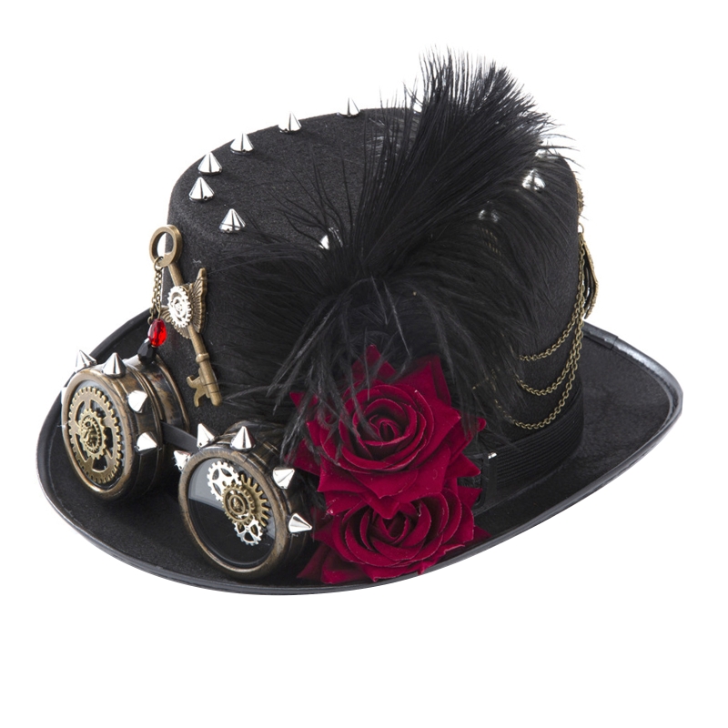 Fedora Hat Wool - Y166 Vintage Steampunkowy kapelusz Cylinder goglami